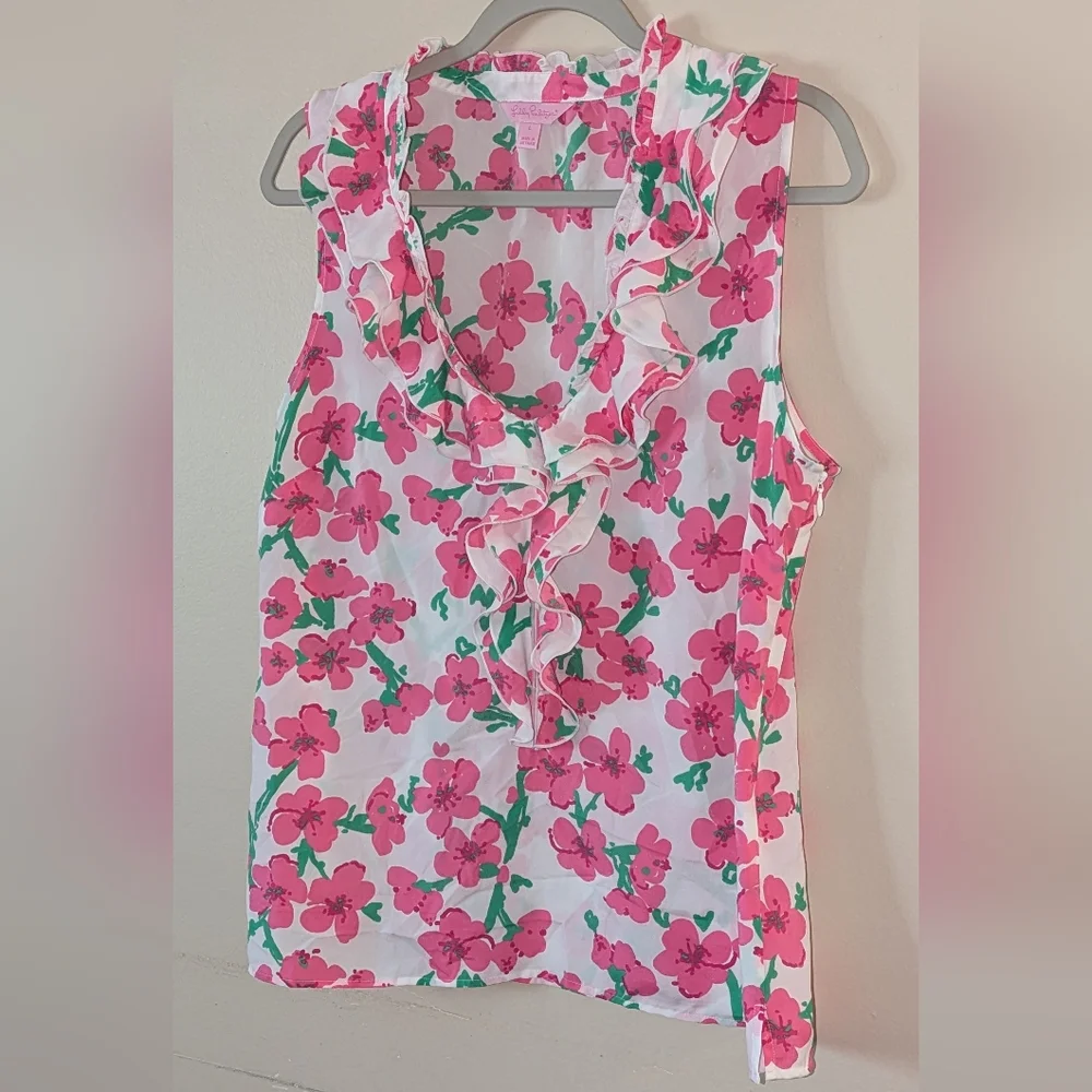 Lilly Pulitzer Pink Floral Ruffle Blouse - Picture 2 of 7